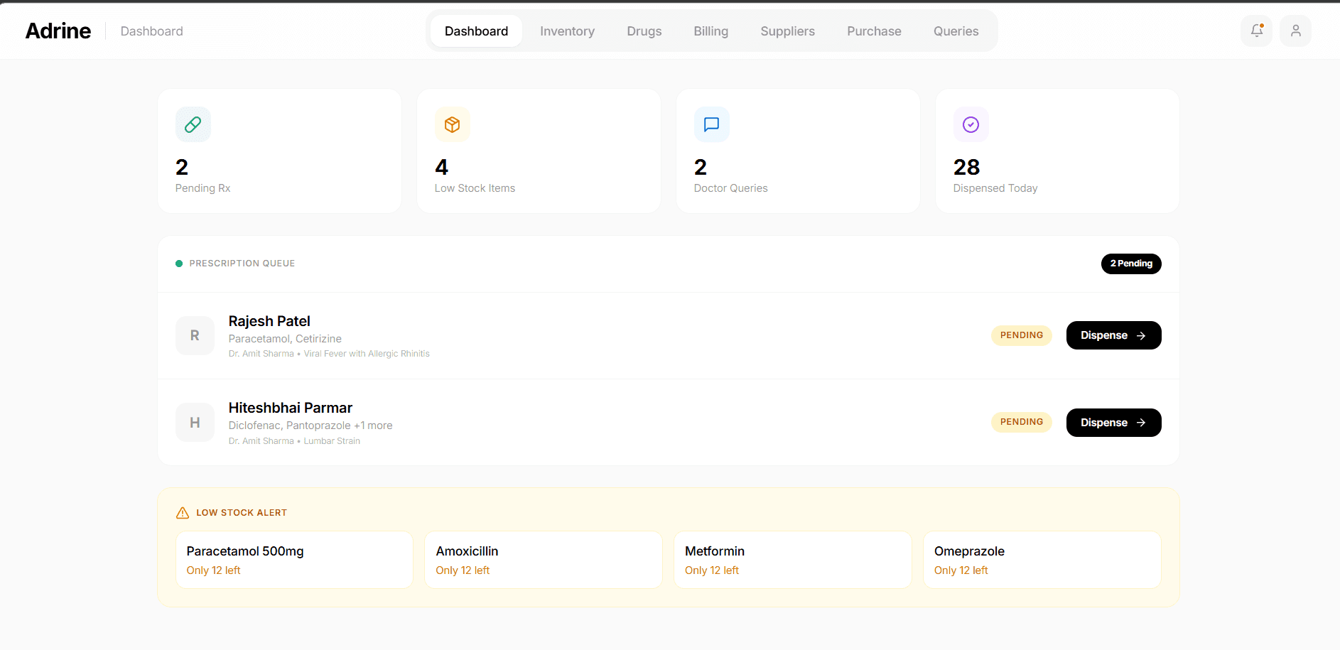 Adrine Pharmacy Dashboard - Prescription queue, low stock alerts, and real-time dispensing